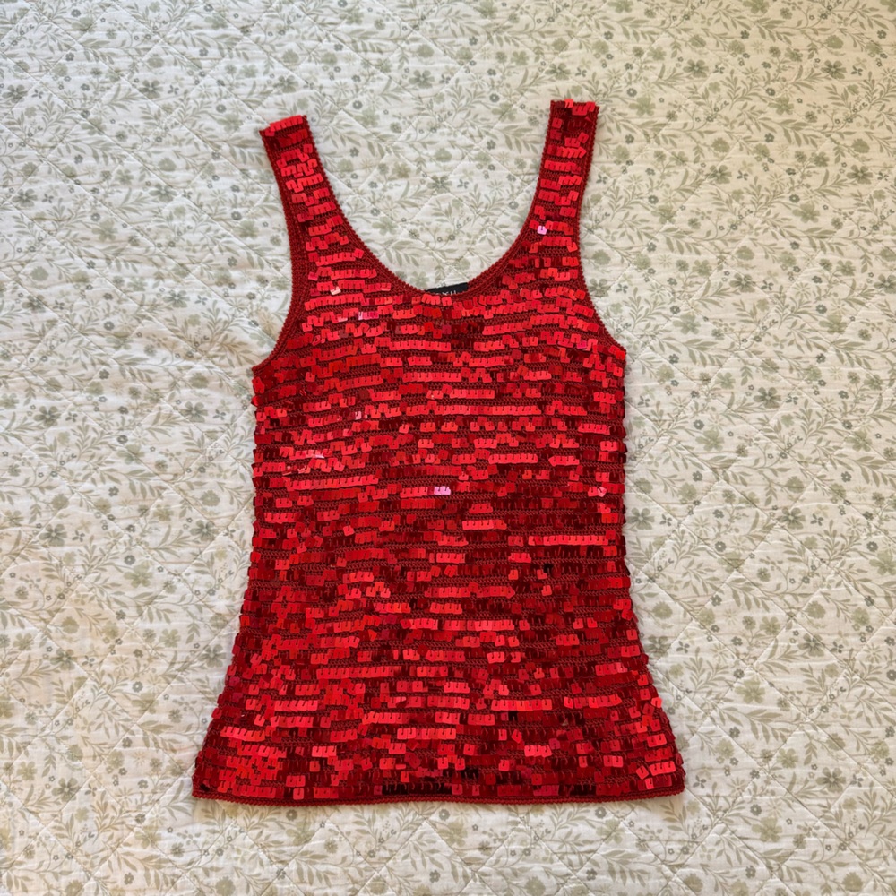 Y2k Laxy red crochet-silk sequin tank top